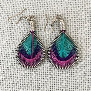 Pair of Dream Weaver Thread Art Dangling Earrings Wire Teal Purple Teardrop 2"